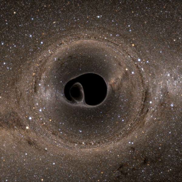 Image credit: Bohn et al 2015, SXS team, of two merging black holes and how they alter the appearance of the background spacetime in General Relativity. Image credit: Bohn et al 2015, SXS team, of two merging black holes and how they alter the appearance of the background spacetime in General Relativity.