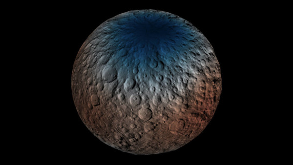 This map shows a portion of the northern hemisphere of Ceres with neutron counting data acquired by the gamma ray and neutron detector (GRaND) instrument aboard NASA’s Dawn spacecraft. Image credit: NASA/JPL-Caltech/UCLA/ASI/INAF.