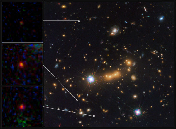 The ultra-distant, lensed galaxy candidate, MACS0647-JD, appears magnified and in three disparate locations thanks to the incredible gravity of the gravitational lens of the foreground cluster, MACS J0647. Image credit: NASA, ESA, M. Postman and D. Coe (STScI), and the CLASH Team.