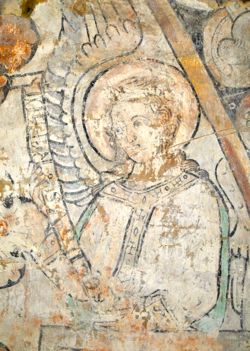 The Archangel Raphael. Recently uncovered mural in Kil church, Närke. C. 1250.