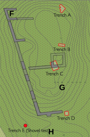2014 trenches A-E and rough locations of 2015 trenches F-H.