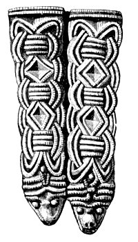 Two strap ends from the eponymous Borre ship grave. Image from Oluf Rygh's 1885 Norske Oldsager.