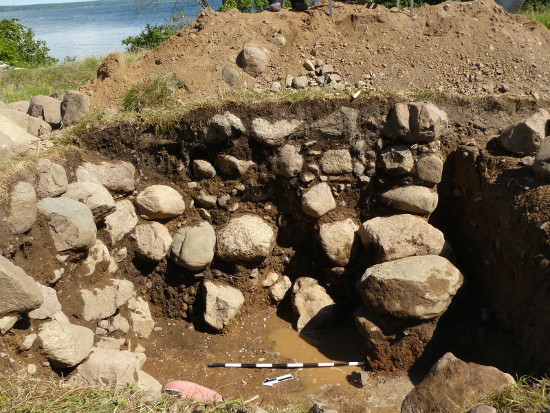 Trench D: stone-filled cellar. Note the remains of the cellar's southern wall, right.
