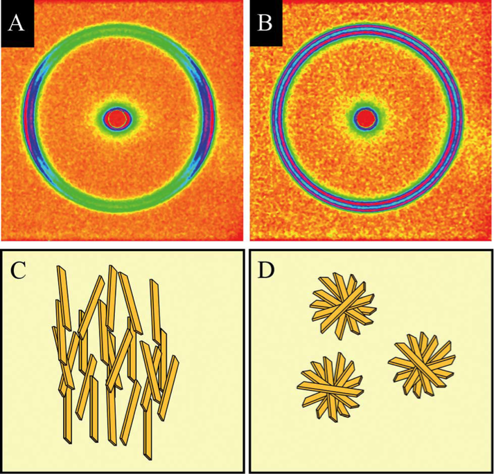 X-ray diffraction patterns reveal the orientation of fat crystals. The distribution and directionality of these crystal nanostructures (parallel to the shear field in C, randomly arranged in D) affects the flavor and texture of foods. 