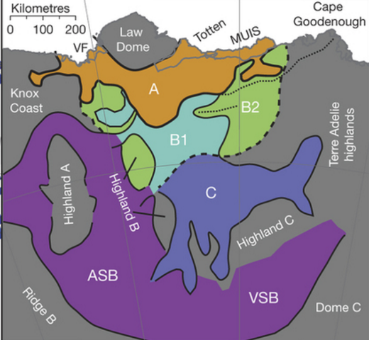 Figure 1 from Aitken et al. "Repeated large-scale retreat and advance of Totten Glacier indicated by inland bed erosion.  The sea is to the north, the inland glacial basin is to the south. 