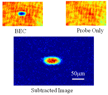 Sample images with and without atoms, and the subtracted image used to study BEC. From an old talk.