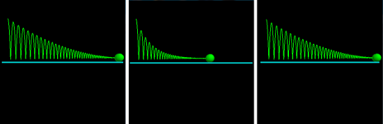 Left: bouncing ball with drag linear in velocity. Middle: bouncing ball with drag quadratic in velocity. Right: bouncing ball with drag a fixed fraction of the spring force.