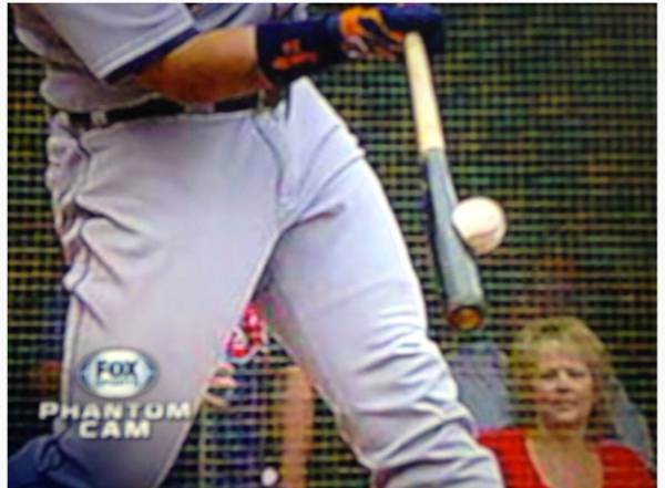 A baseball deforming as it hits the bat of Miguel Cabrera, from NESN.