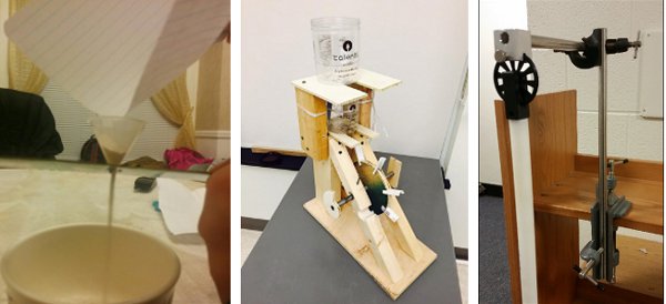 Student projects from my SRS (L to R): Measuring the flow of powdered eggshell in a "sand timer," a homemade water wheel clock, and a pendulum to measure the effect of thermal expansion.