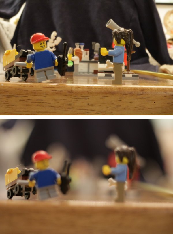 Lego minifigs shot with the two extremes of my fastest lens. Top is f/22, bottom f/1.8.