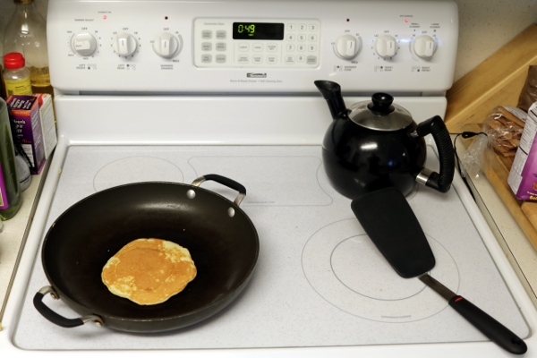 A pancake cooking at Chateau Steelypips.