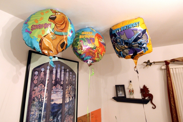 Three of the four colorful Mylar balloons used in the experiment.