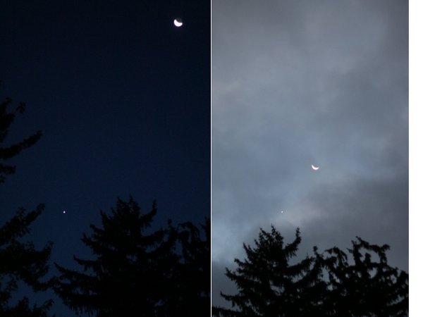 Shots of the Moon and Venus from yesterday (left) and today (right).