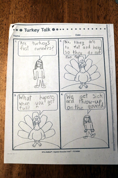 SteelyKid's second-grade assignment to imagine and illustrate a conversation with a turkey.
