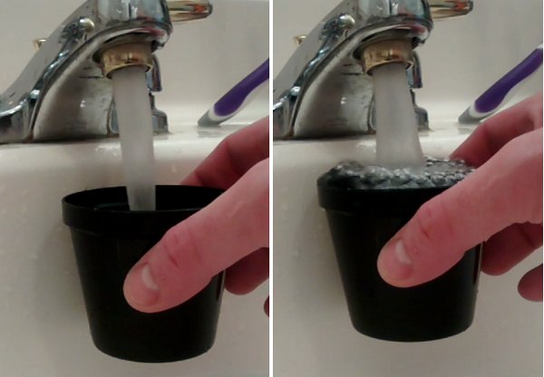 Two screencaps from the video showing the way the stream from the faucet spreads when water level of the container gets close to the nozzle.
