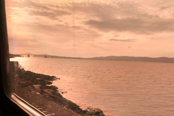 View out the window of the Amtrak train coming up on the Tappan Zee Bridge.