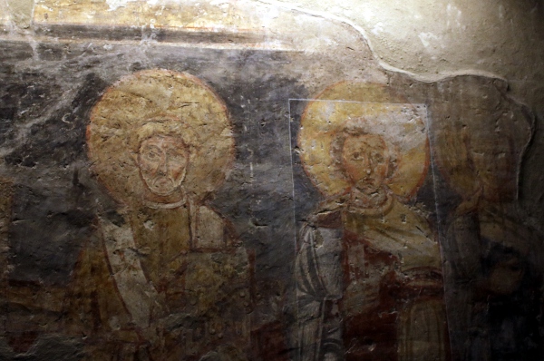 8th-century fresco from Santa Maria Antiqua, with a rectangular area showing the effect of modern cleaning and restoration.