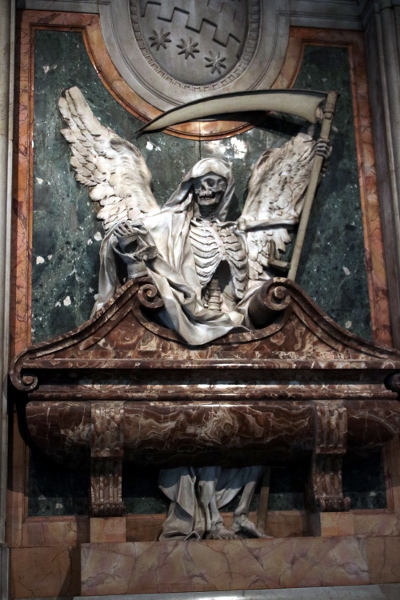A great grim reaper statue from a memorial at the Basilica  of San Pietro in Vincoli.