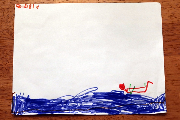 The Pip's drawing of himself swimming with a green pool noodle.
