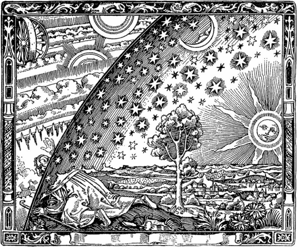 The Flammarion Engraving. The adjoining caption reads: "A missionary of the Middle Ages tells that he had found the point where the sky and the Earth touch"