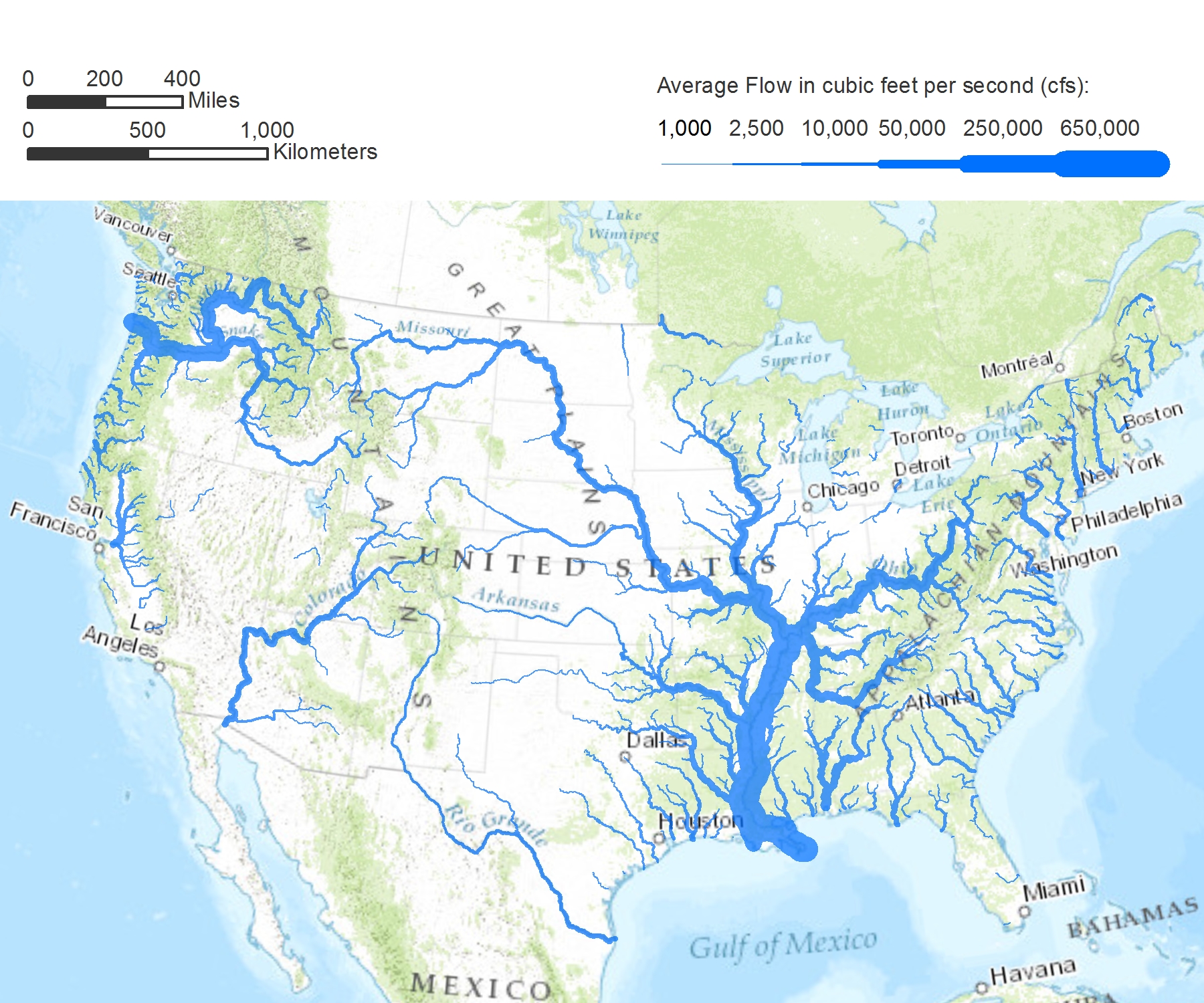 Caption: Major rivers of the 48 contiguous United States, scaled by average flow. The symbols drawn here have widths proportional to the square root of the rivers’ estimated average annual discharge. Only rivers with discharge above 1,000 cfs are shown. Data from NHDPlus v2. Background map by ESRI. Map projection: Albers equal-area conic. Prepared by Matthew Heberger (2013)*. 
