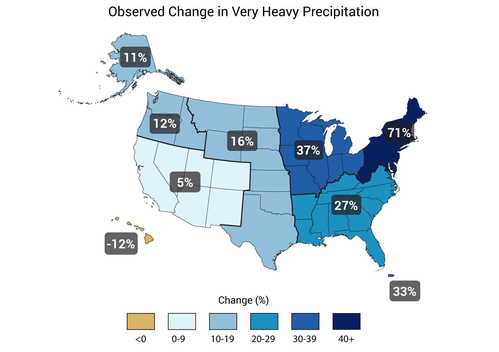 This is Figure 2.18 from the National Assessment: The map shows the percent increases in the amount of precipitation falling in very heavy events (defined as the heaviest 1% of all daily events) from 1958 to 2012 for each region of the continental United States. 