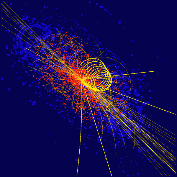 Particle tracks from a collision, deep inside a sophisticated particle detector.