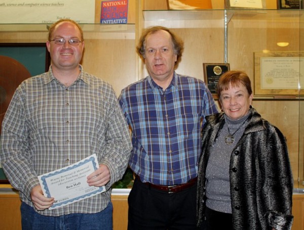 Image credit: the recipient of the 2010 Wayne R. Bomstad II award, with the department chair at center and Wayne's mom at right.