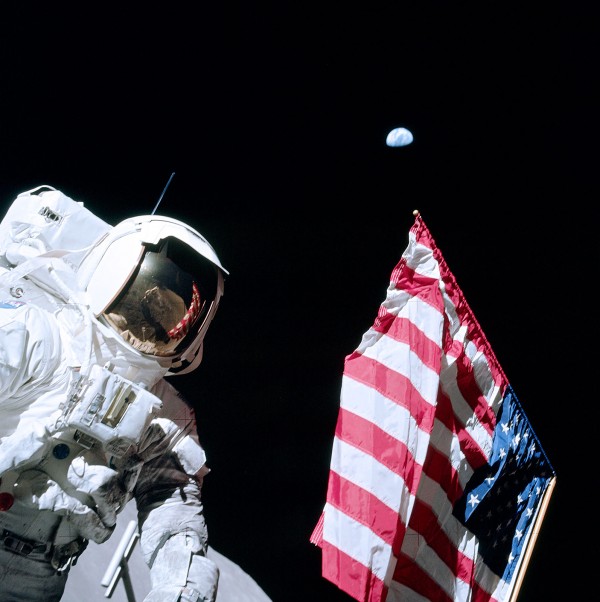 Image credit: Harrison ‘Jack’ Schmitt, American Flag, and Earth (Apollo 17 EVA-1) / NASA.