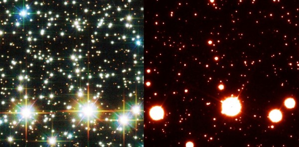 Images credit: NASA / ESA / Hubble (L); Gemini Observatory / NSF / AURA / CONICYT / GeMS/GSAOI (R).