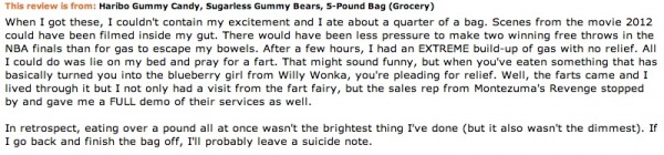 Image credit: actual customer review of Haribo sugar-free gummi bears from http://www.amazon.com/.