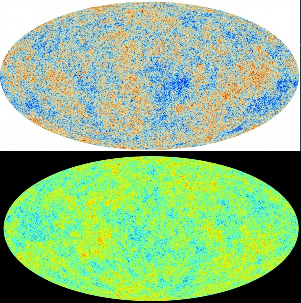 Images credit: ESA and the Planck Collaboration (top), ESA, of a simulation (bottom).