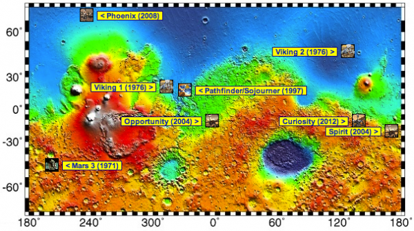 Image credit: NASA/JPL-Caltech, overlay of lander/rover sites via Wikipedia.