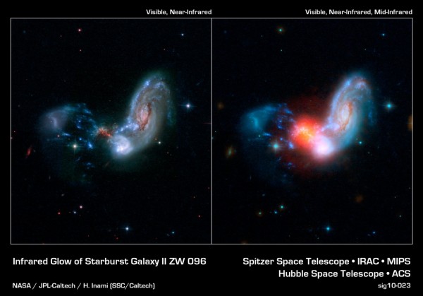 Image credit: NASA / JPL-Caltech / STScI / H. Inami (SSC/Caltech), via http://www.spitzer.caltech.edu/images/3430-sig10-023-A-Powerful-Shrouded-Starburst.