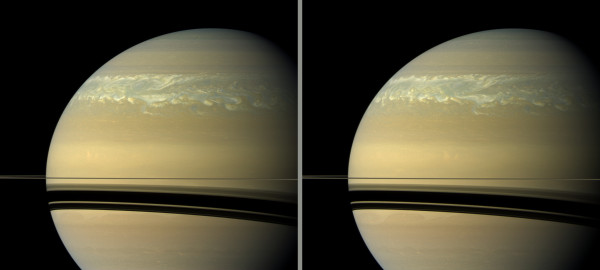 Image credit: NASA / JPL-Caltech / Space Science Institute, of a one-day difference in Saturn’s great 2011 storm.