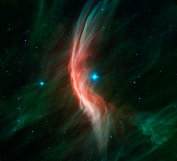 Image credit: NASA / JPL-Caltech, via http://www.spitzer.caltech.edu/images/5517-sig12-014-Massive-Star-Makes-Waves.