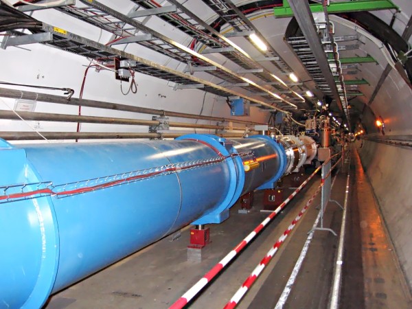 Image credit: Wikimedia Commons user Julian Herzog, of a piece of the LHC’s beamline at CERN. Energies many billions of times greater than can be reached here are required to test string theory.