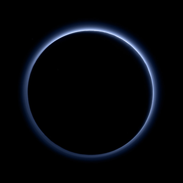 Image credit: NASA/Johns Hopkins University Applied Physics Laboratory/Southwest Research Institute, of a backlit Pluto.