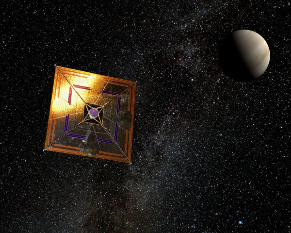 Image credit: Wikimedia Commons user Andrzej Mirecki, under a c.c.a.-s.a.-3.0 license, of the related solar sail concept IKAROS mission.