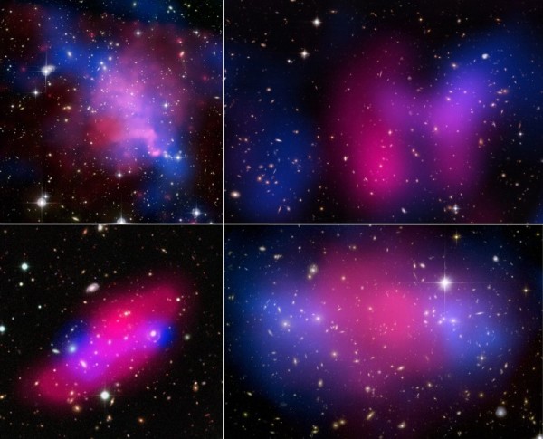 Images credit: X-ray: NASA/ CXC/UVic./A.Mahdavi et al. Optical/Lensing: CFHT/UVic./A.Mahdavi et al. (top left); X-ray: NASA/CXC/UCDavis/W.Dawson et al.; Optical: NASA/STScI/UCDavis/ W.Dawson et al. (top right); ESA/XMM-Newton/F. Gastaldello (INAF/IASF, Milano, Italy)/CFHTLS (bottom left); X-ray: NASA, ESA, CXC, M. Bradac (University of California, Santa Barbara), and S. Allen (Stanford University) (bottom right). These four separate groups and clusters all show the separation between dark matter (blue) and normal matter (pink). 