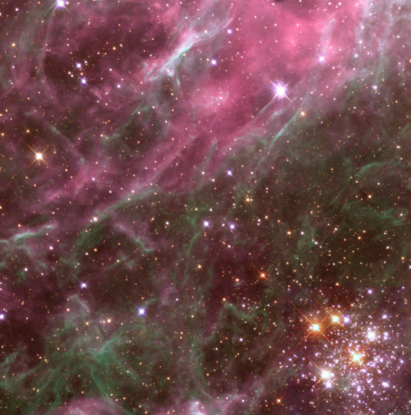 The star cluster Hodge 301 (lower right) in the Tarantula Nebula, by Hubble. Image credit: The Hubble Heritage Team (AURA / STScI / NASA).