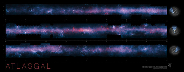 The latest composite release, from the ATLASGAL collaboration. This map spans nearly half of the Milky Way and covers over 400 square degrees on the sky, at a wavelength of 870 microns. Image credit: ESO/APEX/ATLASGAL consortium/NASA/GLIMPSE consortium/ESA/Planck.