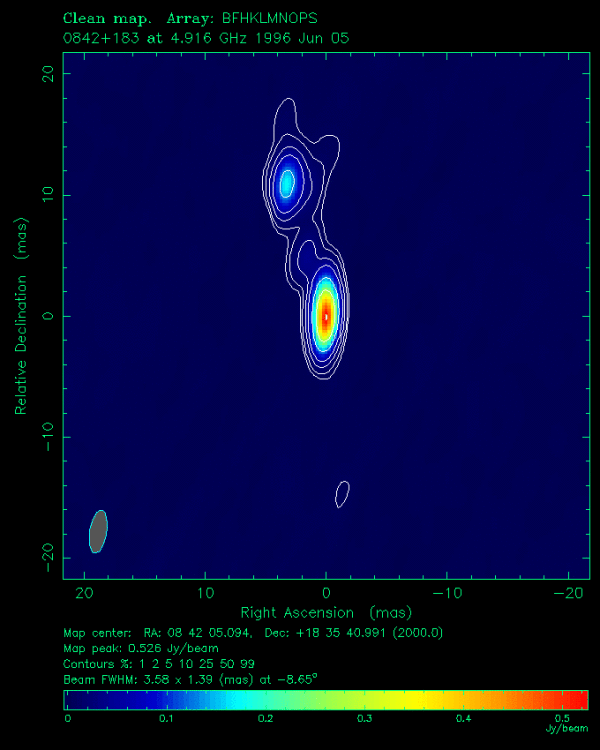 The quasar QSO J0842+1835, whose path was gravitationally altered by Jupiter in 2002, allowing an indirect confirmation that the speed of gravity equals the speed of light. Image credit: Fomalont et al. (2000), ApJS 131, 95-183, via http://www.jive.nl/svlbi/vlbapls/J0842+1835.htm.