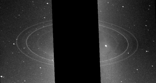 A stitching together of two 591-s exposures obtained through the clear filter of the wide angle camera from Voyager 2, showing the full ring system of Neptune with the highest sensitivity. Image credit: NASA / JPL.