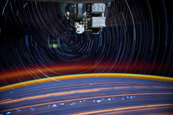 Image credit: NASA / Astronaut Don Pettit / @astro_pettit on Twitter, of the star trails from space and numerous atmospheric features on the Earth.