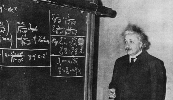 Image credit: Einstein deriving special relativity, 1934, via http://www.relativitycalculator.com/pdfs/einstein_1934_two-blackboard_derivation_of_energy-mass_equivalence.pdf.