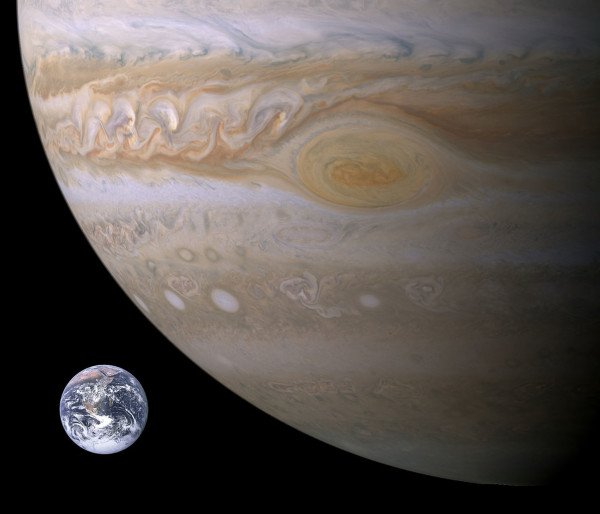 Jupiter's great red spot (from Cassini, imaged in 2000) and Earth (imaged from Apollo 17 in 1972), shown together for size comparison. Image credit: NASA / Brian0918 at English Wikipedia.