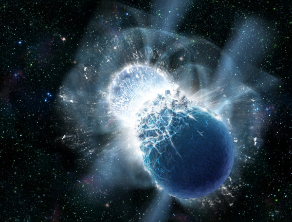 Two neutron stars colliding, which is the primary source of many of the heaviest periodic table elements in the Universe. Image credit: Dana Berry, SkyWorks Digital, Inc.