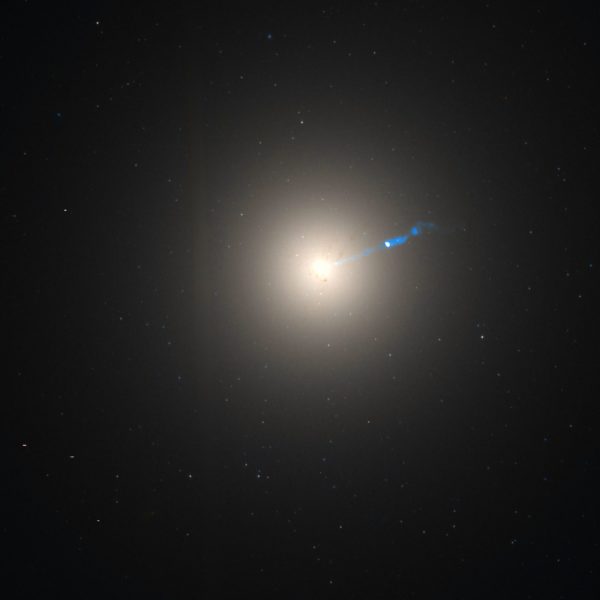 A black hole more than a billion times the mass of the Sun powers this X-ray jet that's many thousands of light years long. Image credit: NASA / Hubble / STScI / Wikisky tool, of the nearby giant elliptical galaxy, M87.