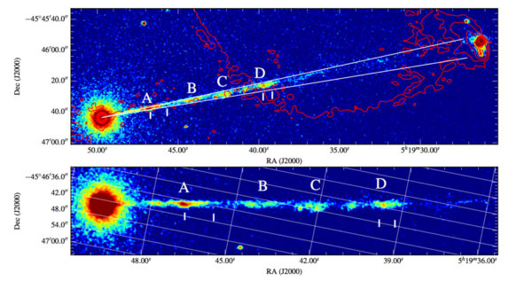 X-ray emission from the jet in Pictor A. Image credit: "Deep Chandra observations of Pictor A", M.J. Hardcastle et al. (2015), from http://arxiv.org/abs/1510.08392.